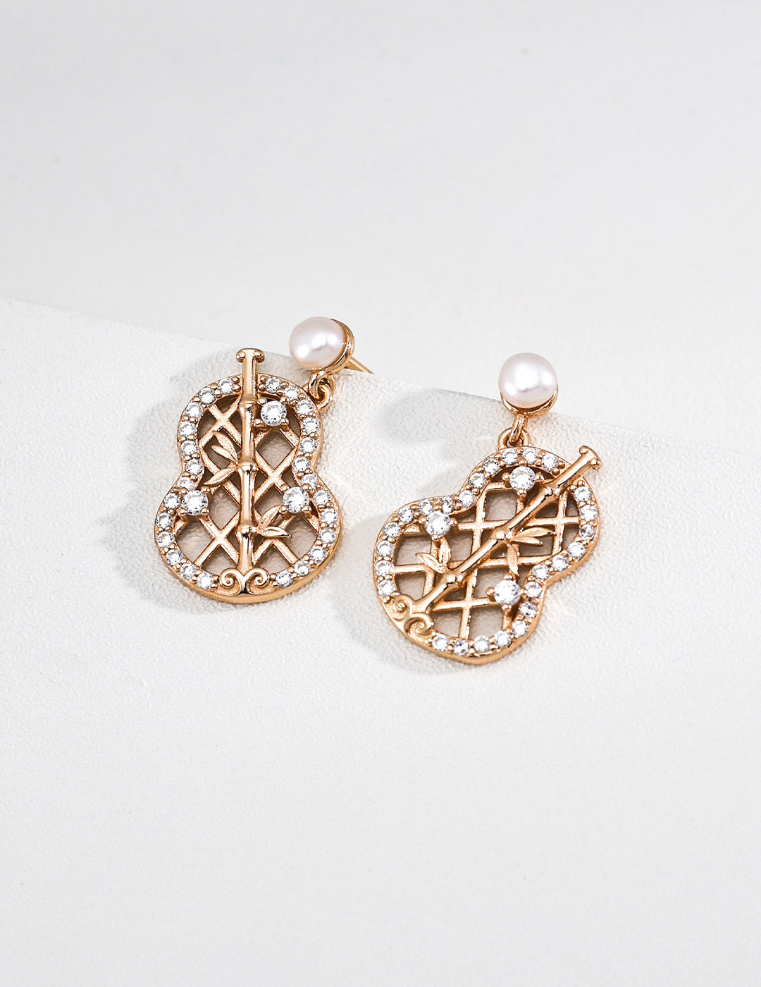 Fortune Gourd Pearl Studs in Vintage Gold – front view