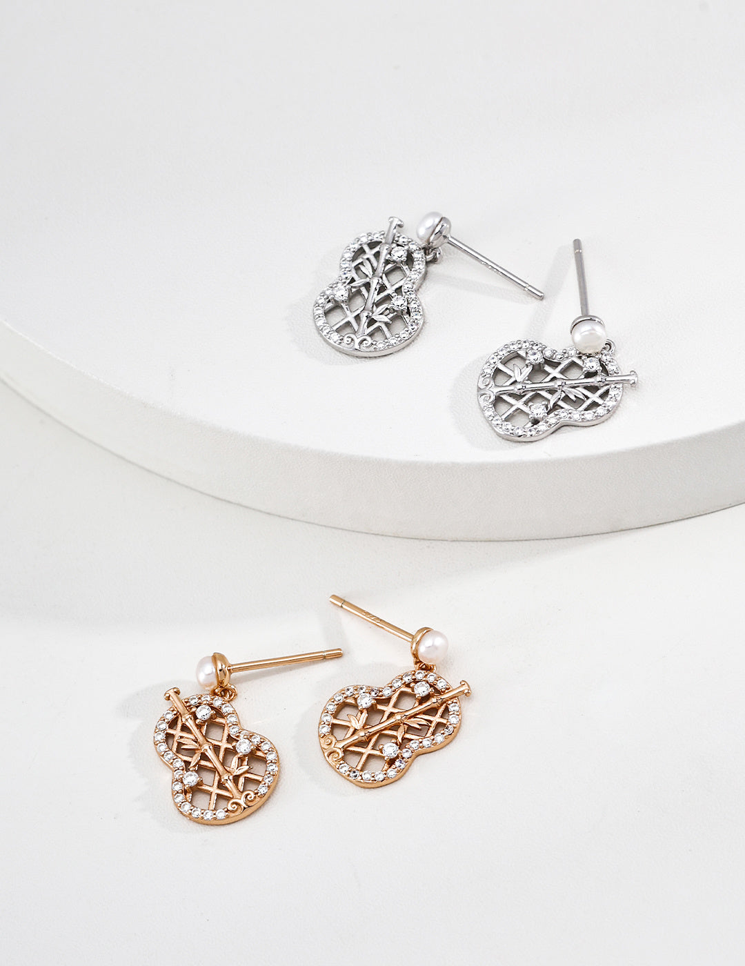 Fortune Gourd Pearl Studs – gold and silver comparison