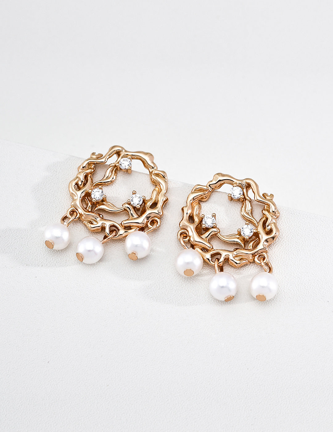 Gilded Branch Pearl Studs in Vintage Gold – front view