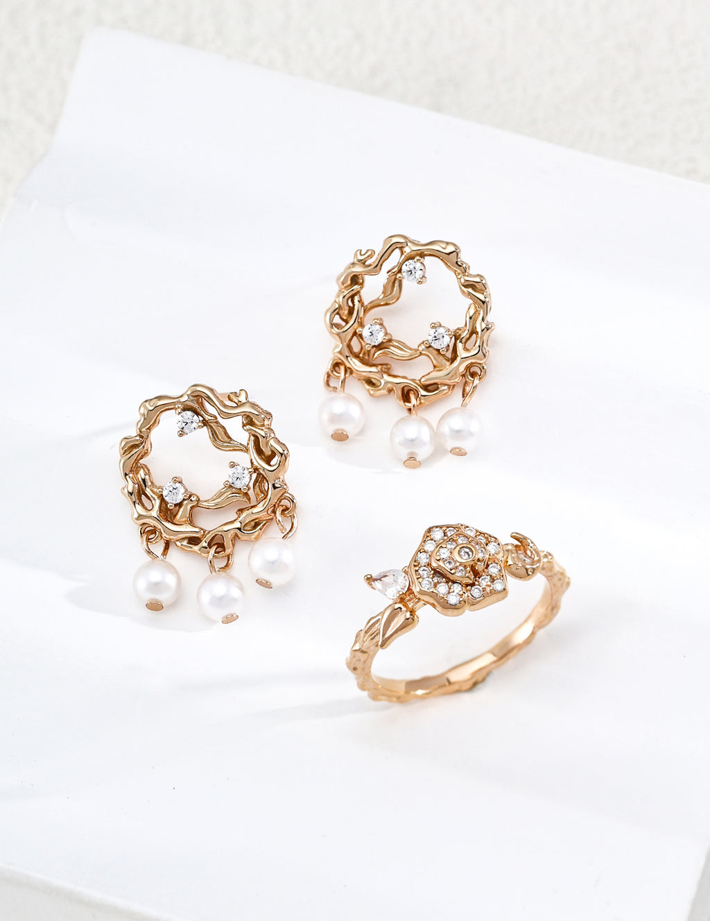 Gilded Branch Pearl Studs in Vintage Gold – detail view