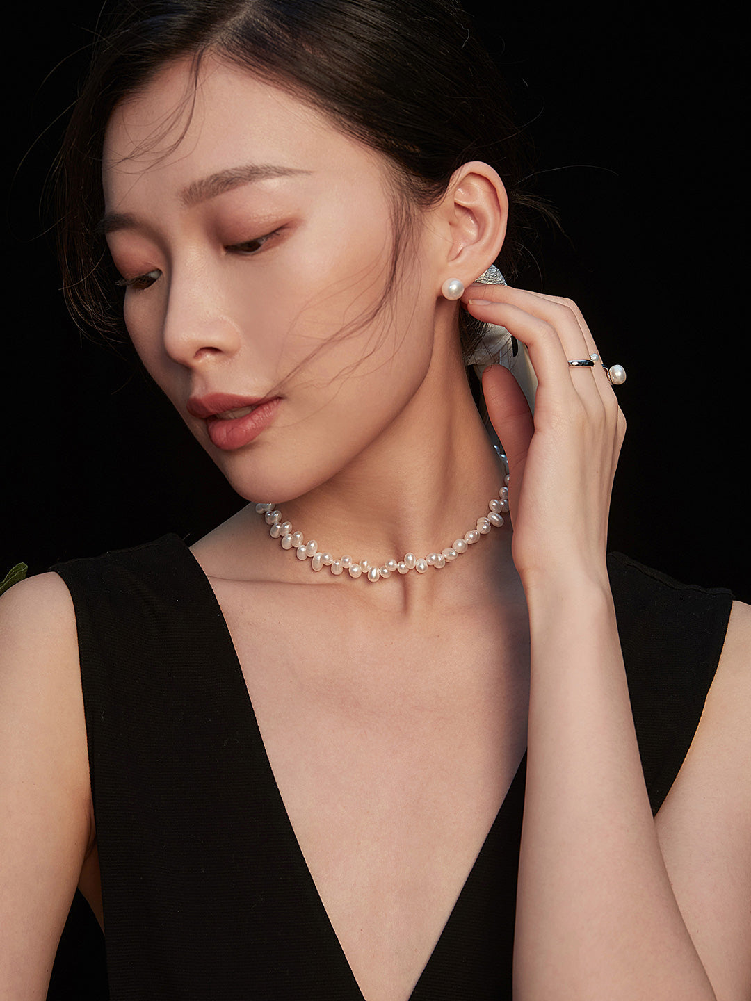 Classic Pearl Studs worn by model