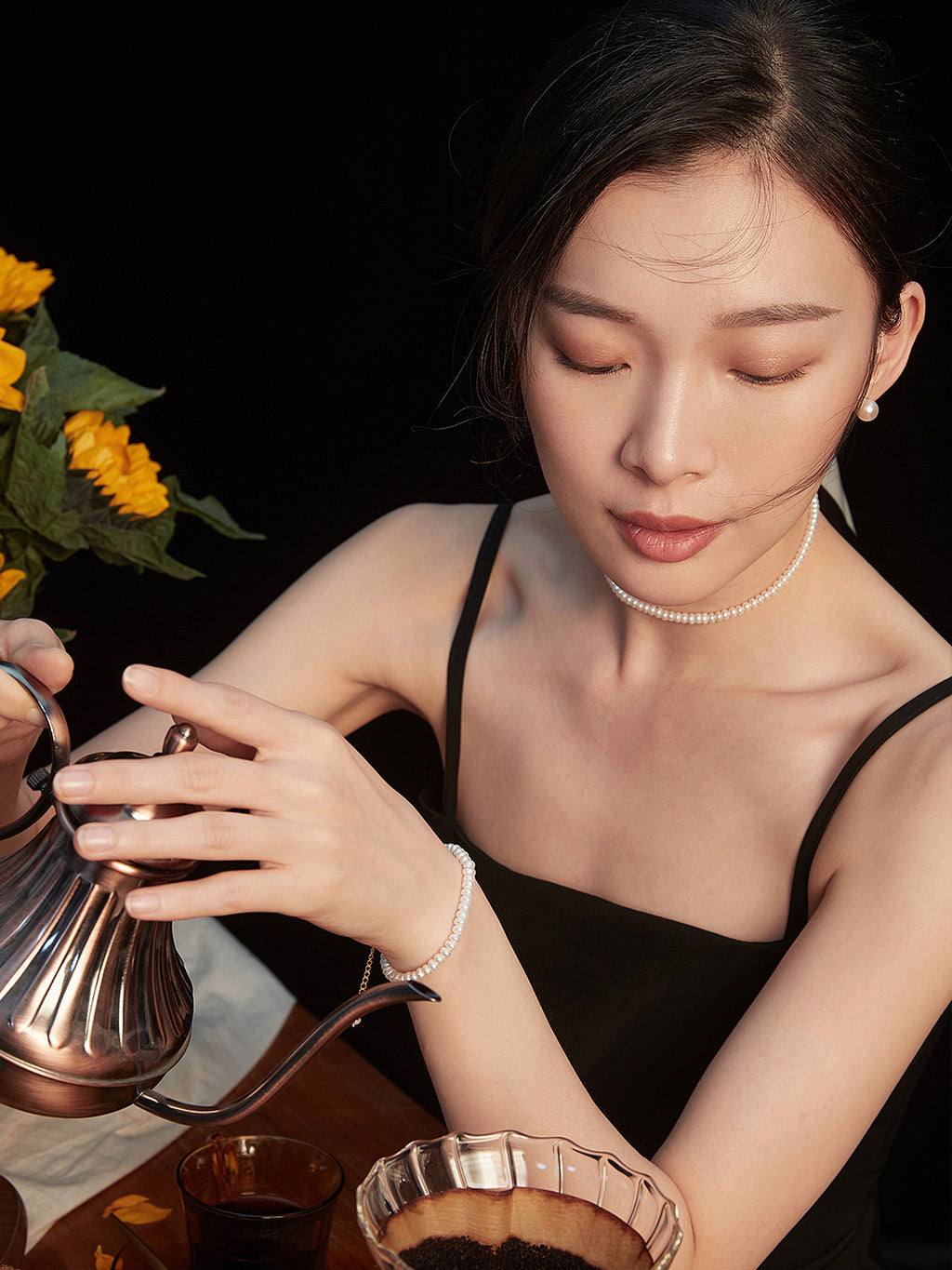 Classic Pearl Studs worn by model – alternate view