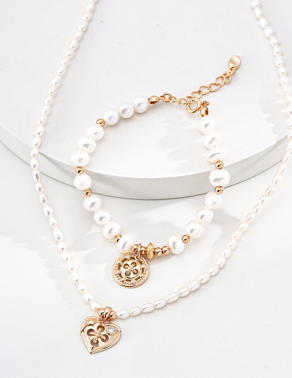Coin Pearl Set – necklace and bracelet styled together, alternate view
